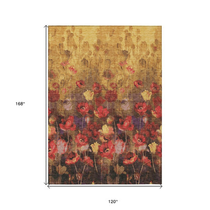 3' X 5' Gold Red And Brown Floral Washable Indoor Outdoor Area Rug