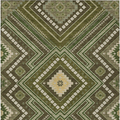 3' X 5' Olive Green Gray And Ivory Tribal Washable Indoor Outdoor Area Rug