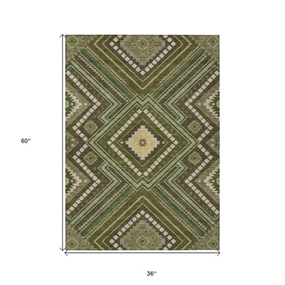 3' X 5' Olive Green Gray And Ivory Tribal Washable Indoor Outdoor Area Rug