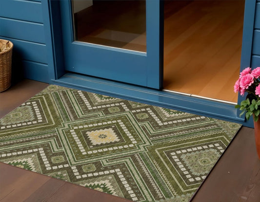 3' X 5' Olive Green Gray And Ivory Tribal Washable Indoor Outdoor Area Rug