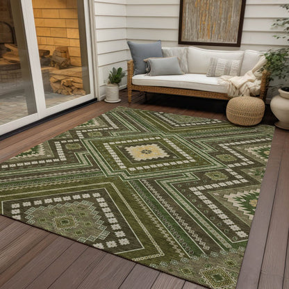 3' X 5' Olive Green Gray And Ivory Tribal Washable Indoor Outdoor Area Rug