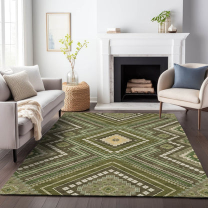 3' X 5' Olive Green Gray And Ivory Tribal Washable Indoor Outdoor Area Rug