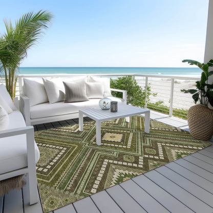 3' X 5' Olive Green Gray And Ivory Tribal Washable Indoor Outdoor Area Rug