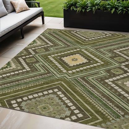 3' X 5' Olive Green Gray And Ivory Tribal Washable Indoor Outdoor Area Rug