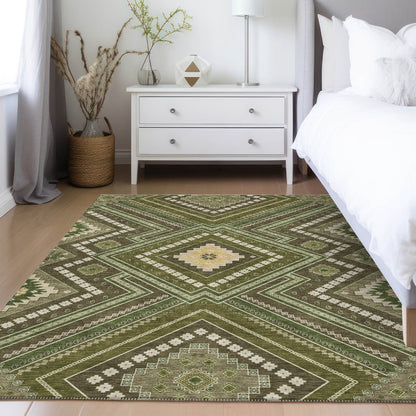 3' X 5' Olive Green Gray And Ivory Tribal Washable Indoor Outdoor Area Rug