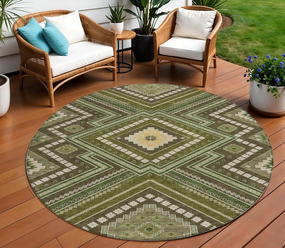 3' X 5' Olive Green Gray And Ivory Tribal Washable Indoor Outdoor Area Rug