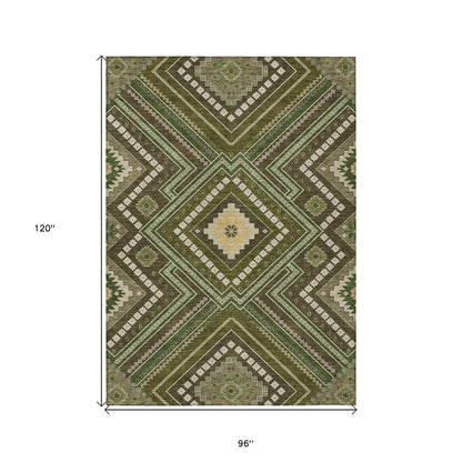 3' X 5' Olive Green Gray And Ivory Tribal Washable Indoor Outdoor Area Rug