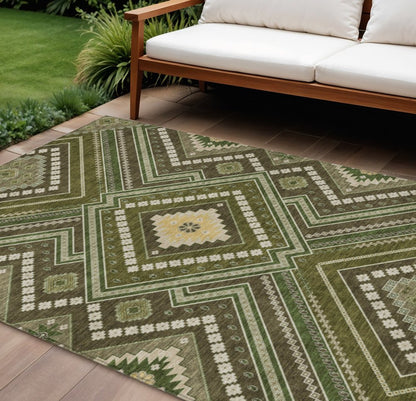 3' X 5' Olive Green Gray And Ivory Tribal Washable Indoor Outdoor Area Rug