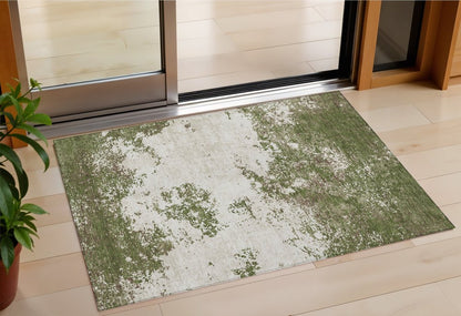 3' X 5' Olive Green Gray And Ivory Abstract Washable Indoor Outdoor Area Rug