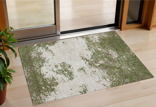 3' X 5' Olive Green Gray And Ivory Abstract Washable Indoor Outdoor Area Rug