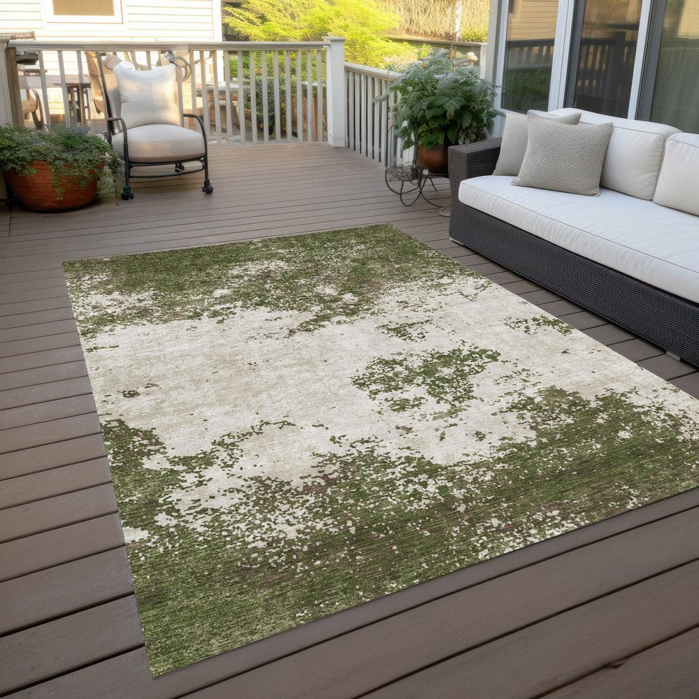 3' X 5' Olive Green Gray And Ivory Abstract Washable Indoor Outdoor Area Rug