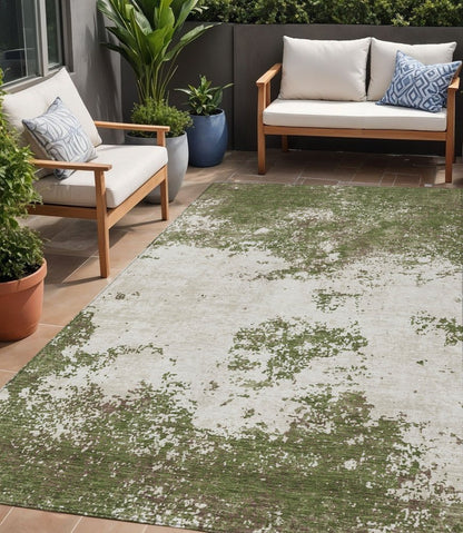 3' X 5' Olive Green Gray And Ivory Abstract Washable Indoor Outdoor Area Rug