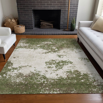 3' X 5' Olive Green Gray And Ivory Abstract Washable Indoor Outdoor Area Rug