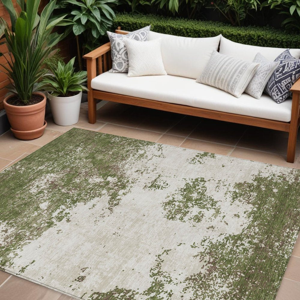 3' X 5' Olive Green Gray And Ivory Abstract Washable Indoor Outdoor Area Rug