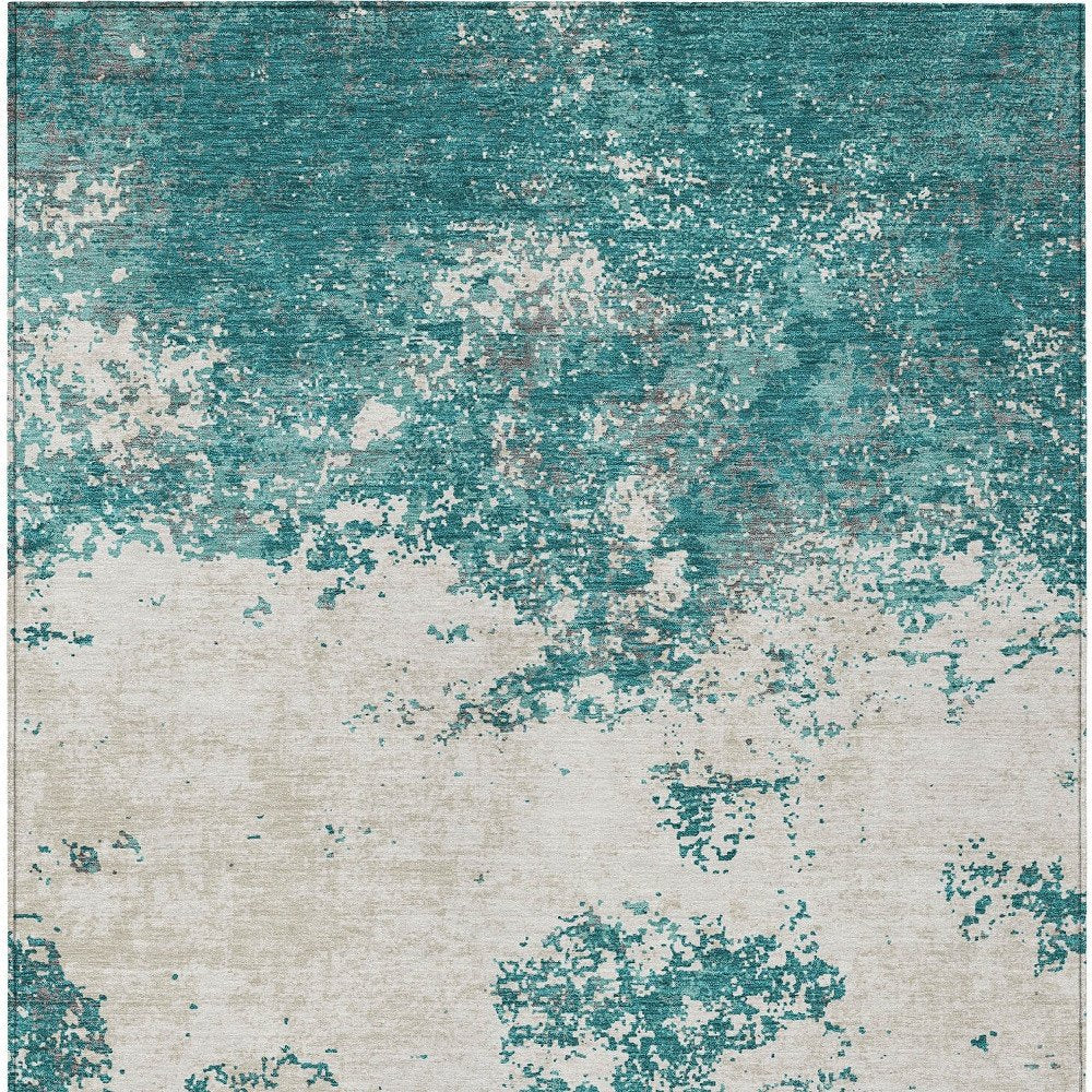 3' X 5' Teal Blue Ivory And Gray Abstract Washable Indoor Outdoor Area Rug