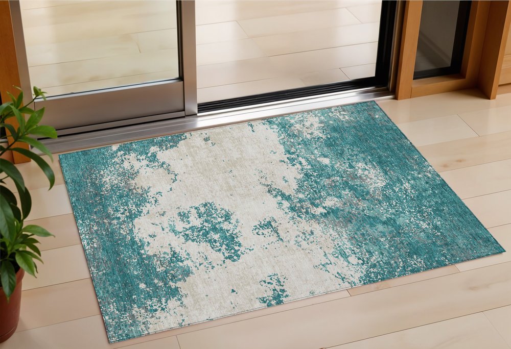 3' X 5' Teal Blue Ivory And Gray Abstract Washable Indoor Outdoor Area Rug