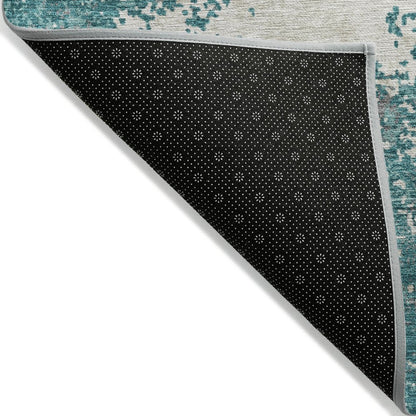 3' X 5' Teal Blue Ivory And Gray Abstract Washable Indoor Outdoor Area Rug