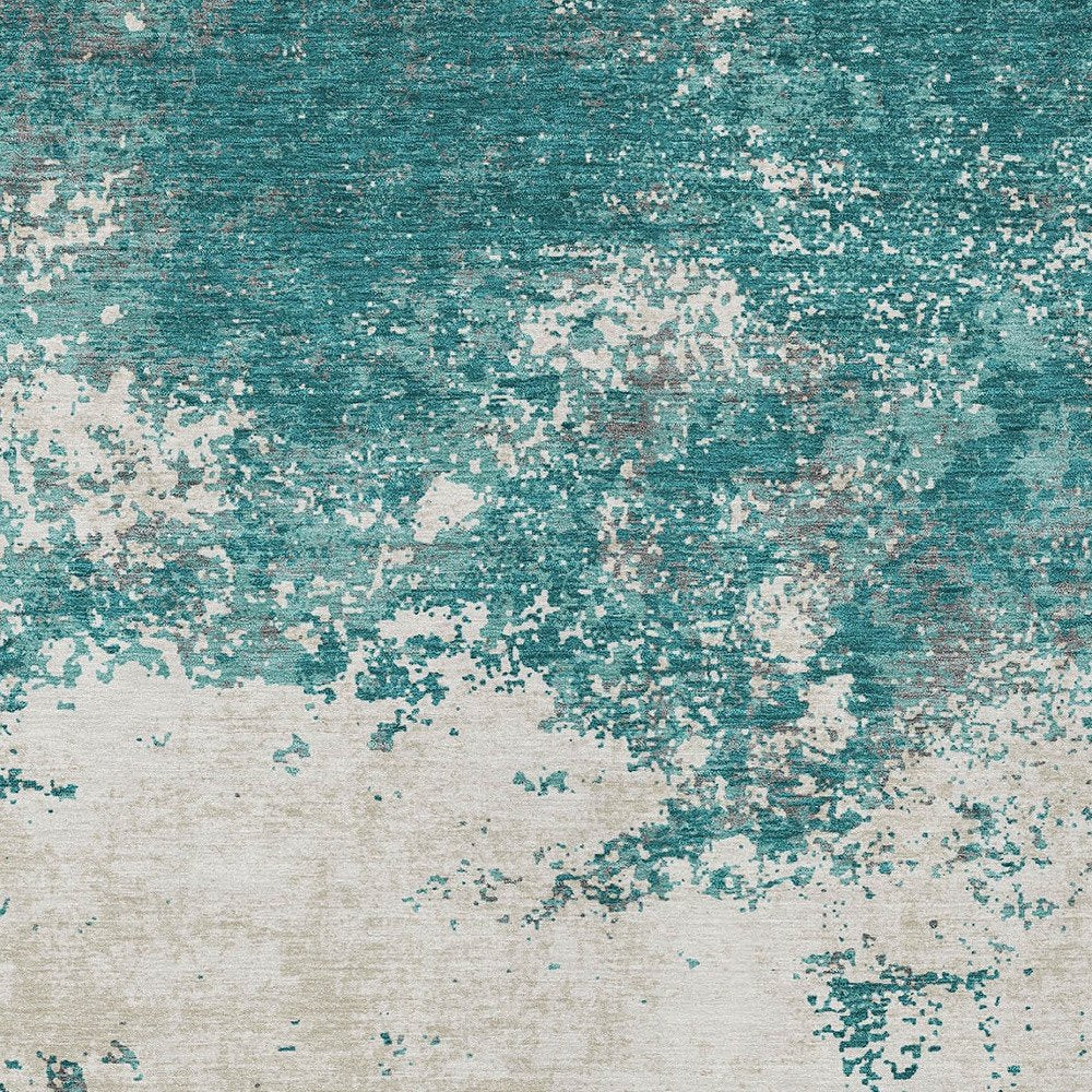 3' X 5' Teal Blue Ivory And Gray Abstract Washable Indoor Outdoor Area Rug