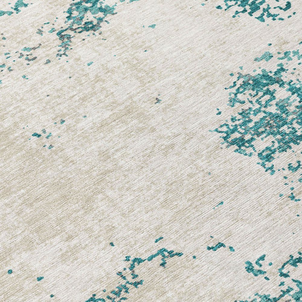 3' X 5' Teal Blue Ivory And Gray Abstract Washable Indoor Outdoor Area Rug