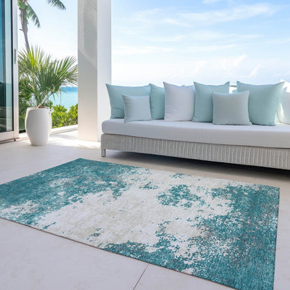 3' X 5' Teal Blue Ivory And Gray Abstract Washable Indoor Outdoor Area Rug