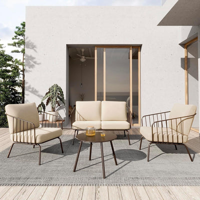 4-Piece Plaza Patio Furniture Set, Outdoor Furniture with Thick Cushion Sofa and Coffee Table, Modern Patio Conversation Set for Garden, Backyard and Porch, Brown & Beige-0