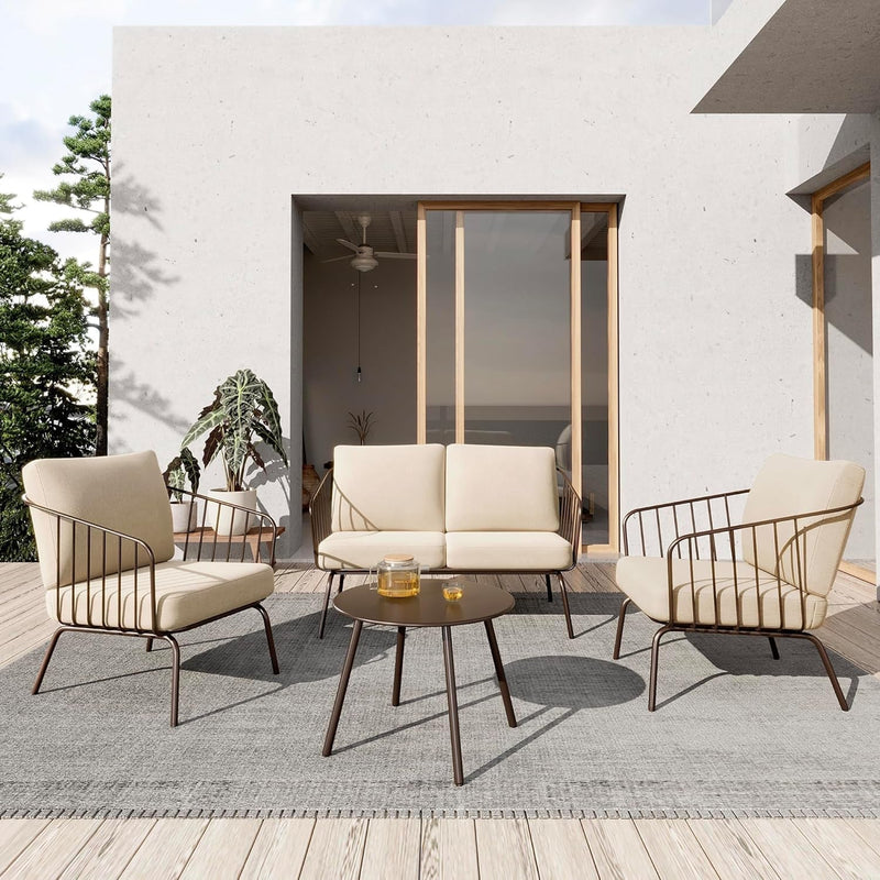 4-Piece Plaza Patio Furniture Set, Outdoor Furniture with Thick Cushion Sofa and Coffee Table, Modern Patio Conversation Set for Garden, Backyard and Porch, Brown & Beige-0