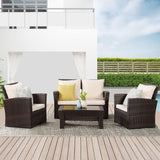 4 Piece Outdoor Patio Furniture Sets, Wicker Conversation Set for Porch Deck, Brown Rattan Sofa Chair with Cushion-0