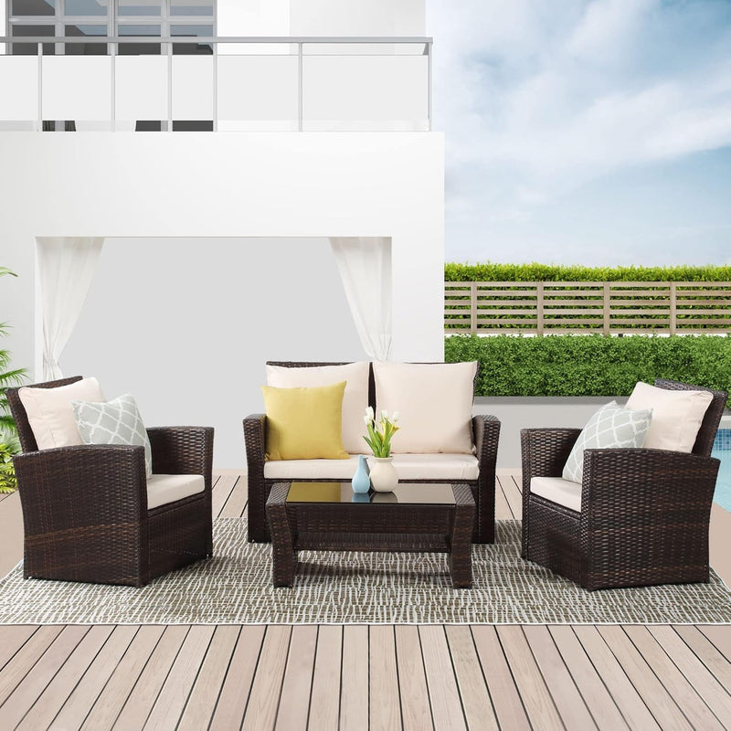 4 Piece Outdoor Patio Furniture Sets, Wicker Conversation Set for Porch Deck, Brown Rattan Sofa Chair with Cushion-0