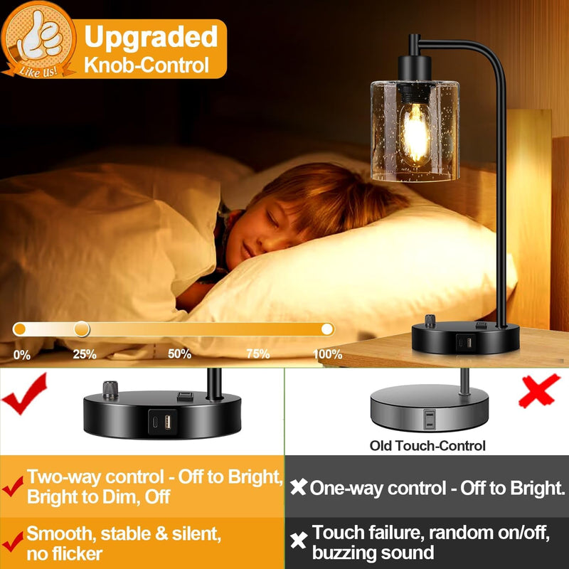 Set of 2 Industrial Table Lamps with 2 USB Port, Fully Stepless Dimmable Bedside Lamps for Bedrooms, Nightstand Desk Lamps with Seeded Glass Shade for Reading Living Room Office 2 LED Bulb Included-2