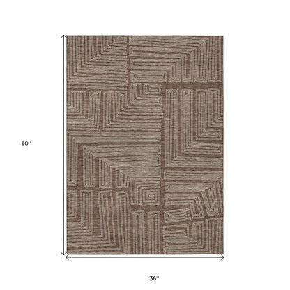 3' X 5' Brown And Ivory Geometric Washable Indoor Outdoor Area Rug