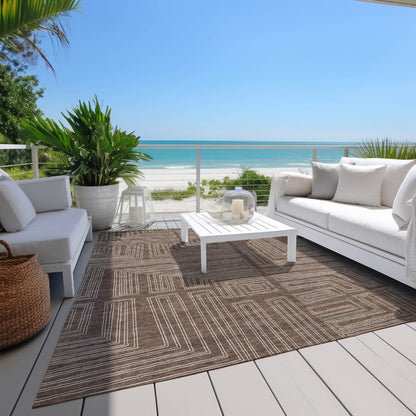 3' X 5' Brown And Ivory Geometric Washable Indoor Outdoor Area Rug