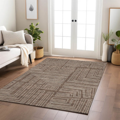 3' X 5' Brown And Ivory Geometric Washable Indoor Outdoor Area Rug