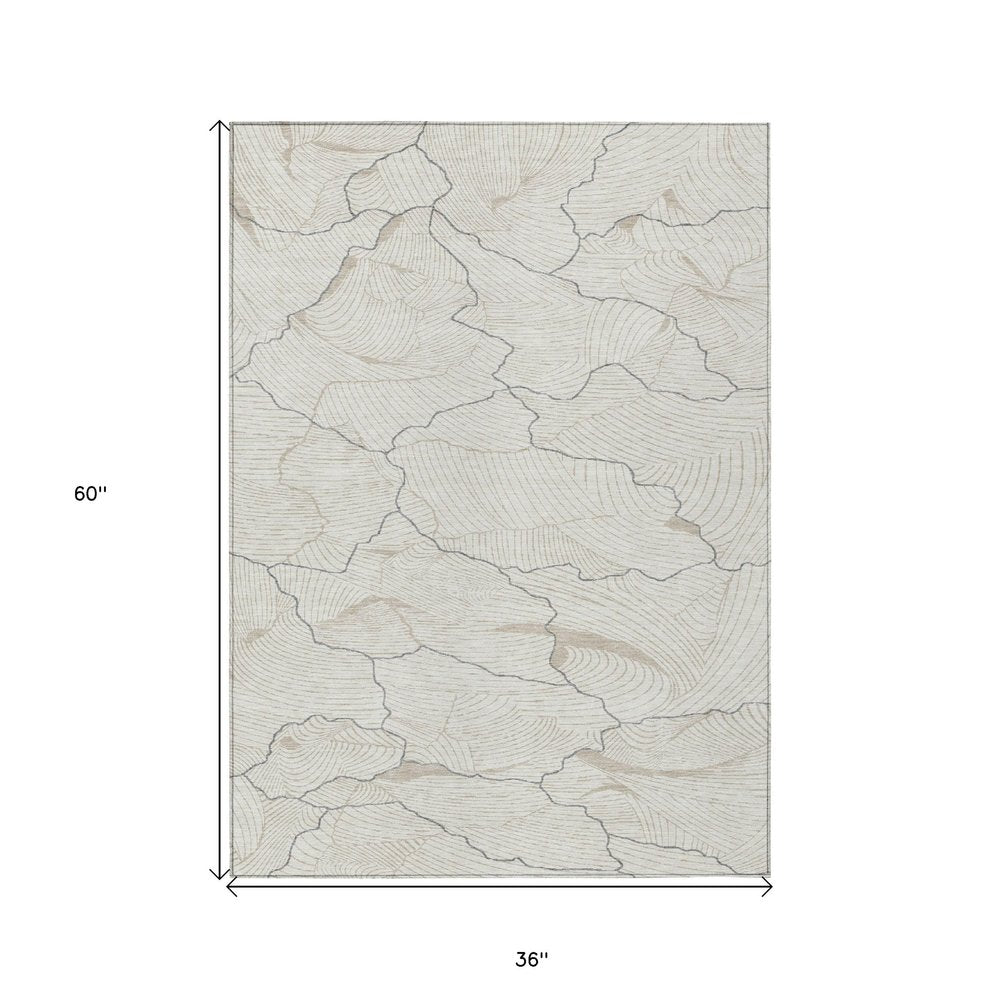 3' X 5' Ivory And Gray Abstract Washable Indoor Outdoor Area Rug