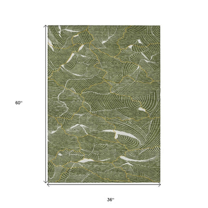 3' X 5' Olive Green Gold And Ivory Abstract Washable Indoor Outdoor Area Rug