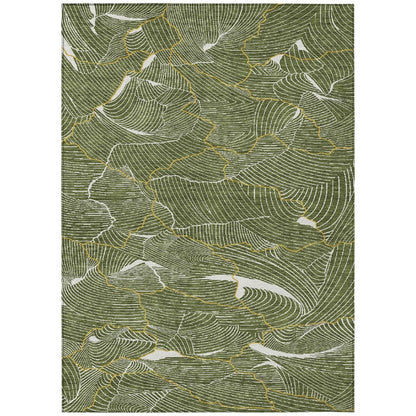 3' X 5' Olive Green Gold And Ivory Abstract Washable Indoor Outdoor Area Rug