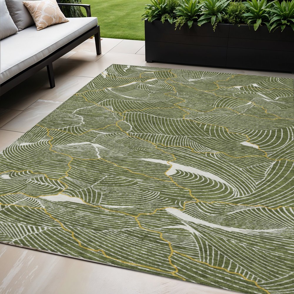 3' X 5' Olive Green Gold And Ivory Abstract Washable Indoor Outdoor Area Rug