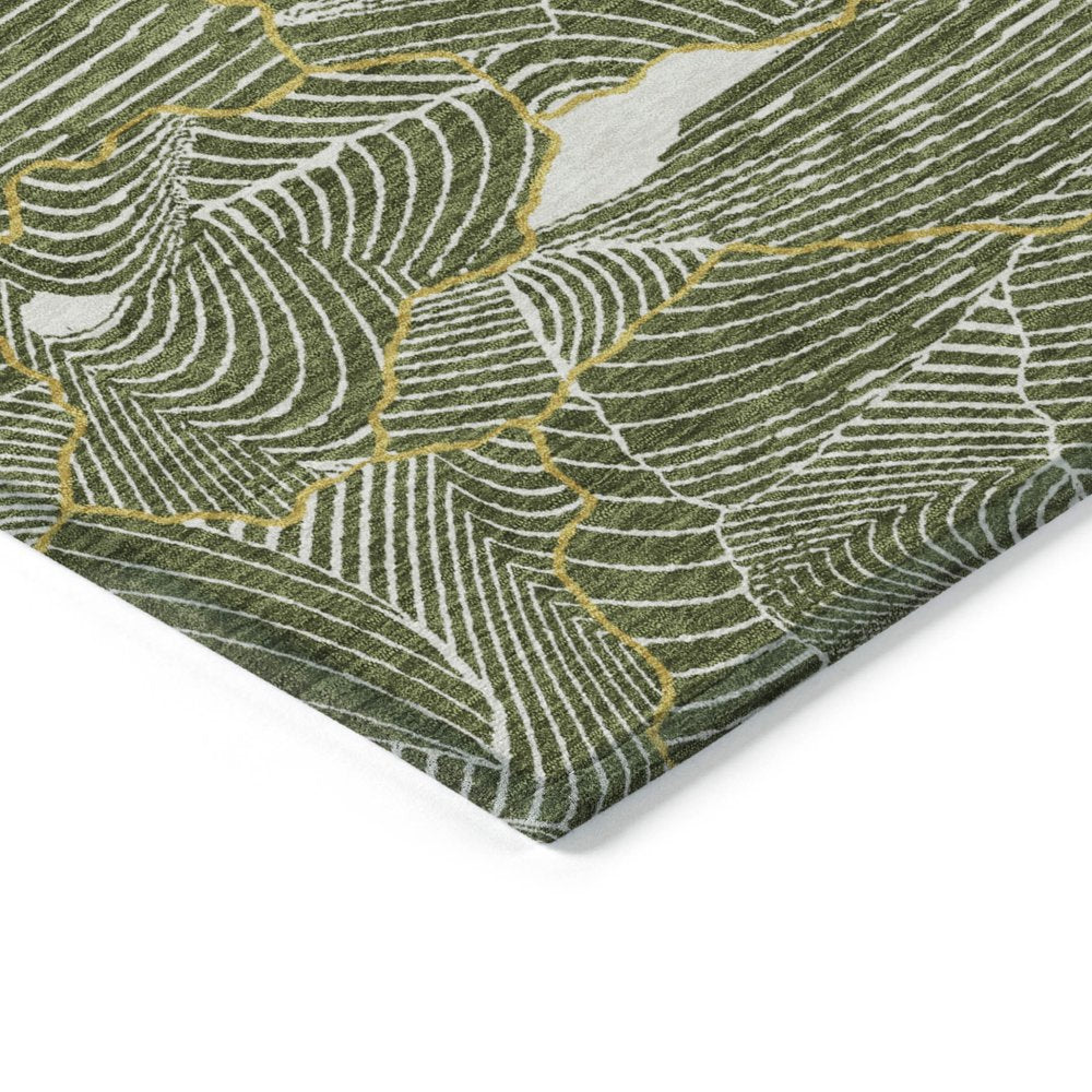 3' X 5' Olive Green Gold And Ivory Abstract Washable Indoor Outdoor Area Rug