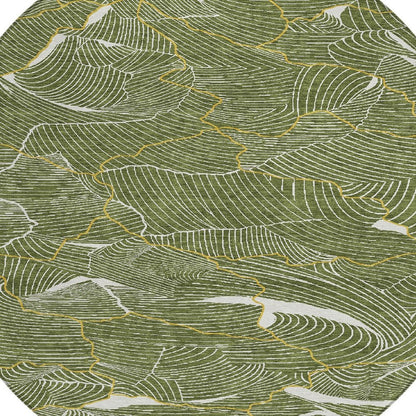 3' X 5' Olive Green Gold And Ivory Abstract Washable Indoor Outdoor Area Rug