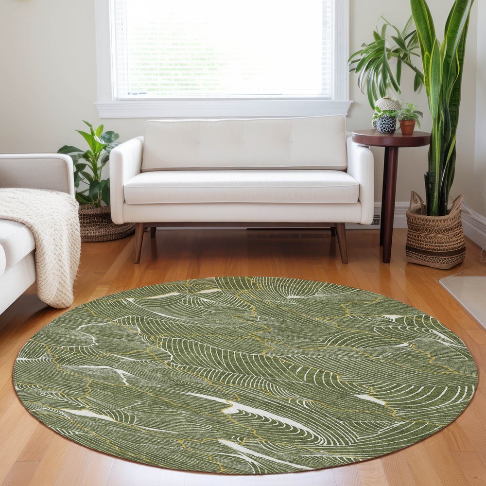 3' X 5' Olive Green Gold And Ivory Abstract Washable Indoor Outdoor Area Rug