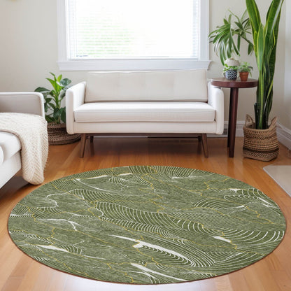 3' X 5' Olive Green Gold And Ivory Abstract Washable Indoor Outdoor Area Rug