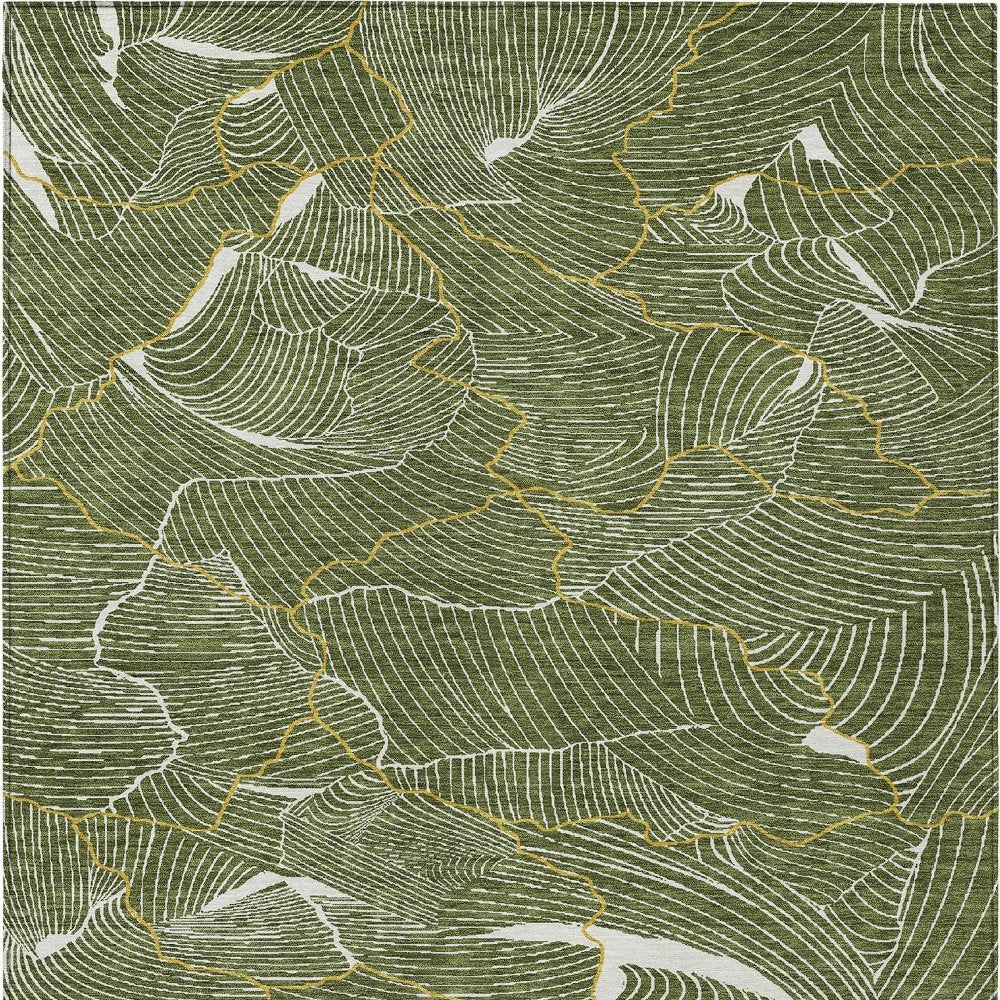 3' X 5' Olive Green Gold And Ivory Abstract Washable Indoor Outdoor Area Rug