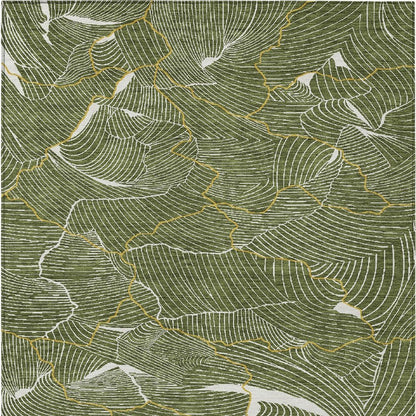 3' X 5' Olive Green Gold And Ivory Abstract Washable Indoor Outdoor Area Rug