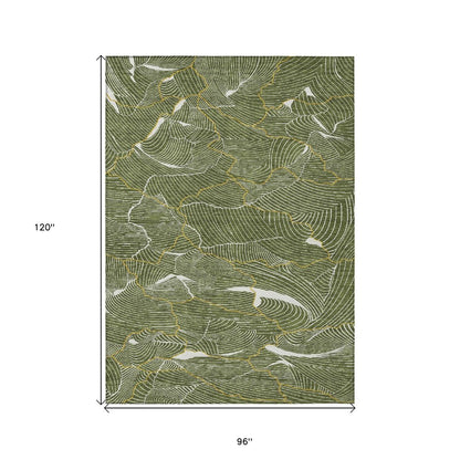3' X 5' Olive Green Gold And Ivory Abstract Washable Indoor Outdoor Area Rug