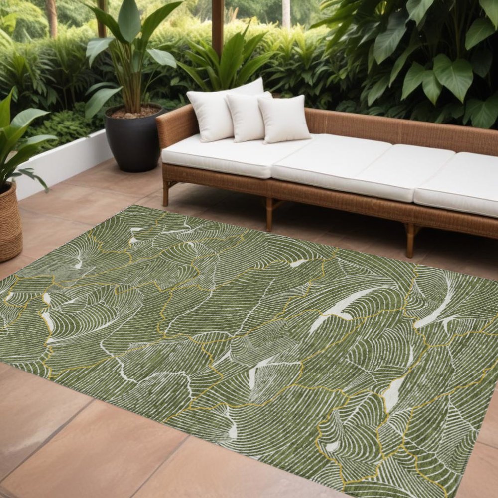3' X 5' Olive Green Gold And Ivory Abstract Washable Indoor Outdoor Area Rug