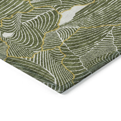 3' X 5' Olive Green Gold And Ivory Abstract Washable Indoor Outdoor Area Rug