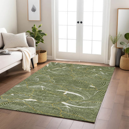 3' X 5' Olive Green Gold And Ivory Abstract Washable Indoor Outdoor Area Rug