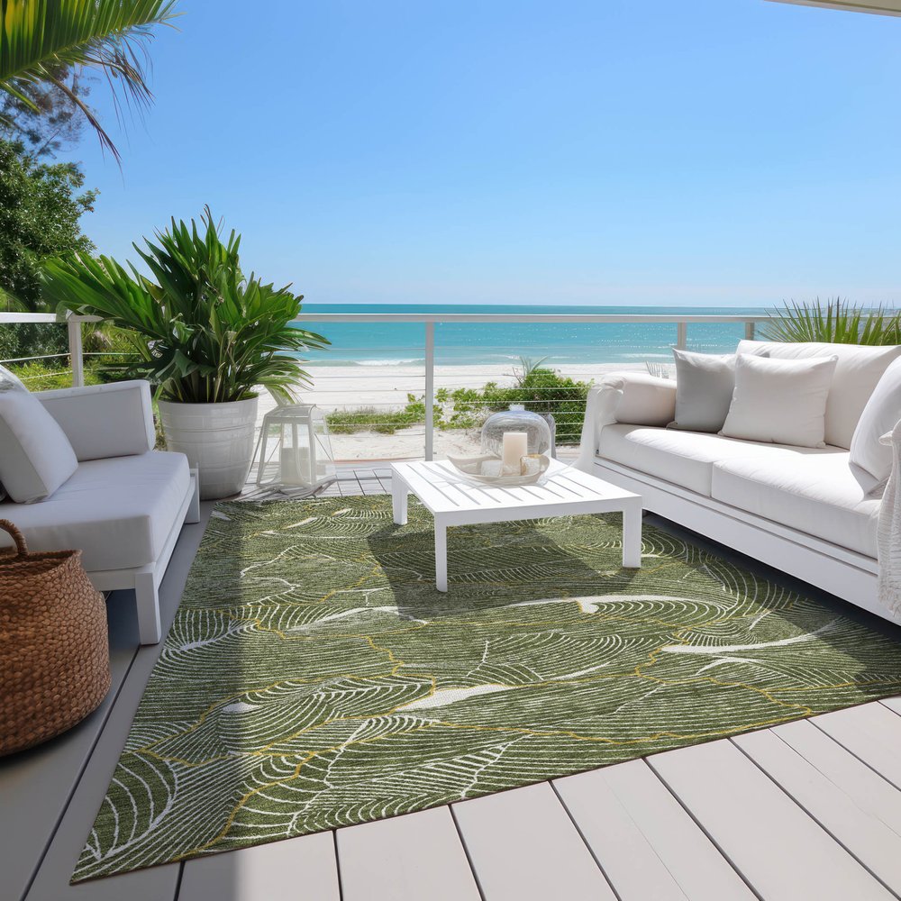 3' X 5' Olive Green Gold And Ivory Abstract Washable Indoor Outdoor Area Rug