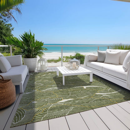 3' X 5' Olive Green Gold And Ivory Abstract Washable Indoor Outdoor Area Rug