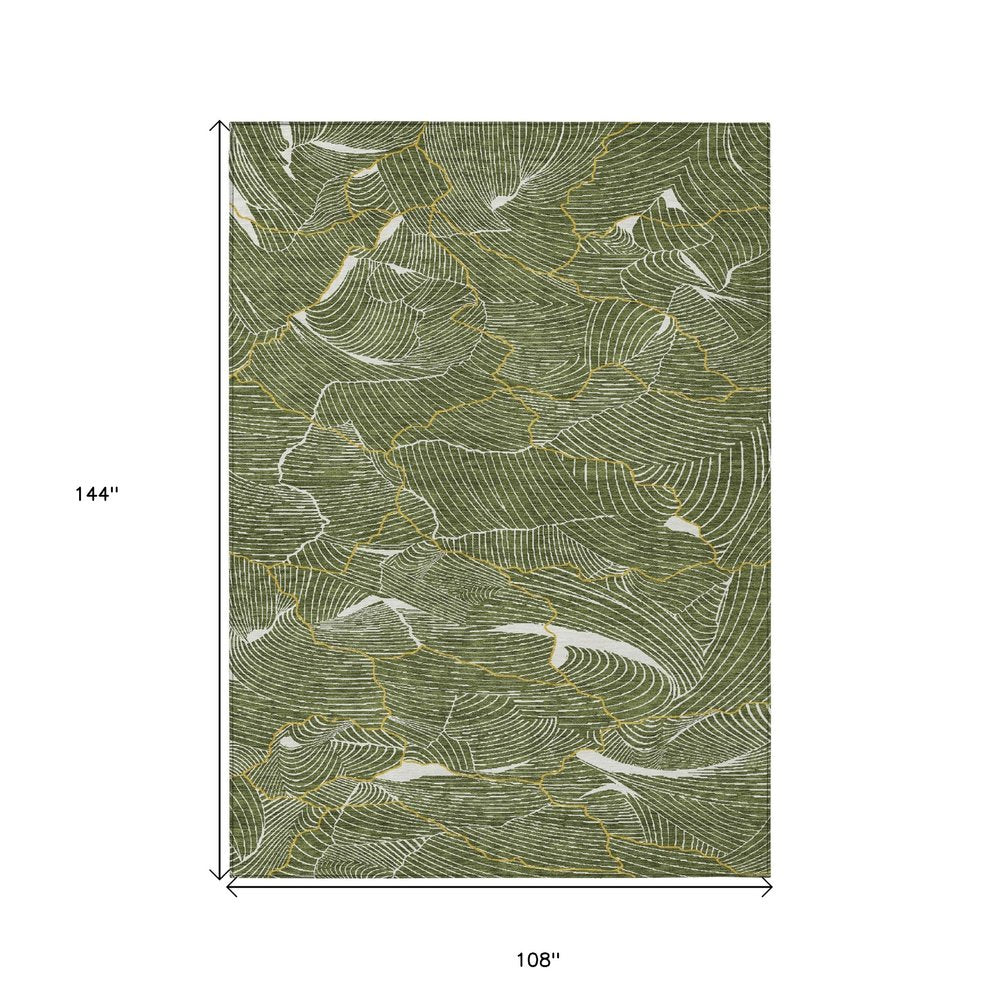 3' X 5' Olive Green Gold And Ivory Abstract Washable Indoor Outdoor Area Rug