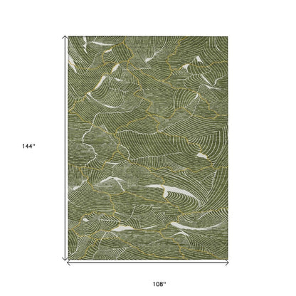 3' X 5' Olive Green Gold And Ivory Abstract Washable Indoor Outdoor Area Rug